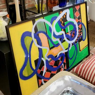 Large mid-century abstract painting with highly effective counterpoint of color and design..Signed