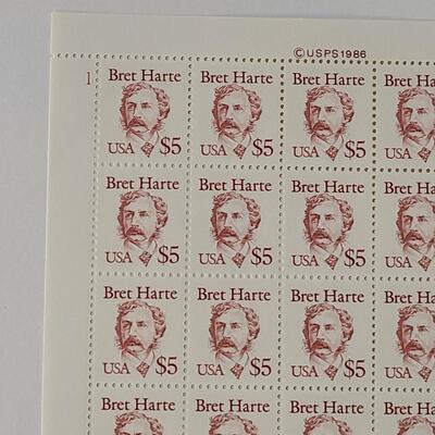 Lot 36: 1986 Bret Harte $5.00 Stamps Sheet. Retail $100.00