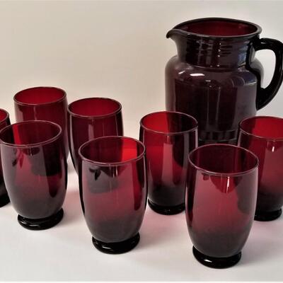 Lot #95  Vintage Ruby Red Pitcher and 8 Glasses