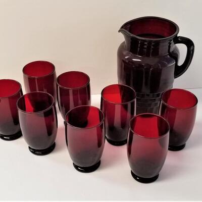Lot #95  Vintage Ruby Red Pitcher and 8 Glasses