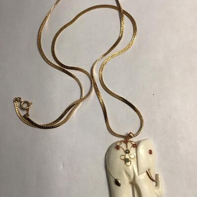 Vintage 585 14Kt Jeweled Large White Elephant Pendant Necklace