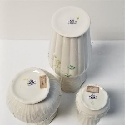 Lot #104  Three Belleek porcelain Vases