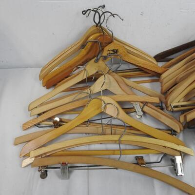 50+ Wooden Hangers, 10 with Pant Hooks, Good Condition