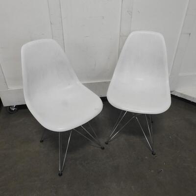2 White Plastic Chairs with Metal Legs, Matching, Sturdy, 1 Pink Stain