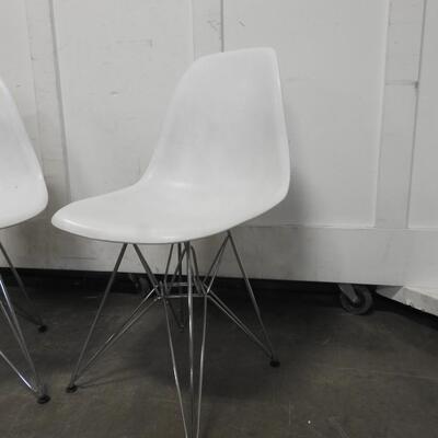2 White Plastic Chairs with Metal Legs, Matching, Sturdy, 1 Pink Stain