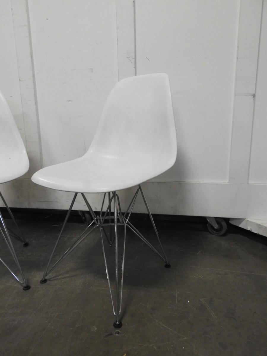 2 White Plastic Chairs with Metal Legs Matching Sturdy 1 Pink