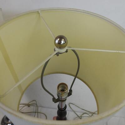 2 Matching Lamps, Silver Base, Wood Swirl Design, White Lamp Shades, 32" Tall