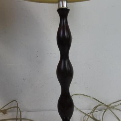 2 Matching Lamps, Silver Base, Wood Swirl Design, White Lamp Shades, 32" Tall
