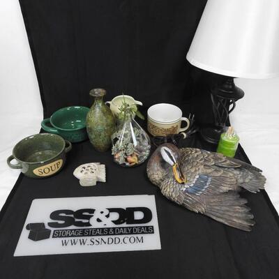Wooden Duck. Soup Bowls and Mugs, Vase, Lamp, Fish, Teapot, and Other DÃ©cor
