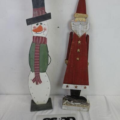 2 pc Wooden Holiday Decor: Santa, Lighted Snowman, Works