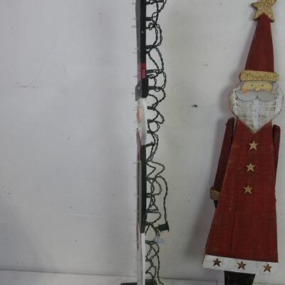 2 pc Wooden Holiday Decor: Santa, Lighted Snowman, Works