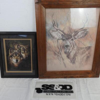 Two Framed Art Prints, Dear and Wolves