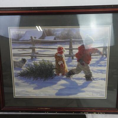 3 pc Framed Artwork, Hauling a Christmas tree, Animals,