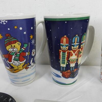 5 pc Holiday Kitchen, Christmas Mugs, Snowman Decorative Plate