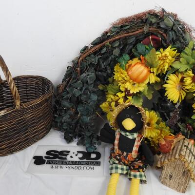 5 pc Fall Decor, 2 Wreaths, Twine, Stuffed Bird