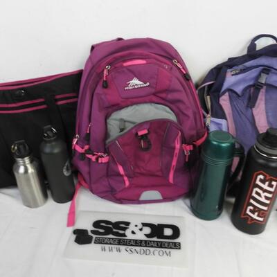 3 Pink Bags, High Sierra Backpack, 4 Water Bottles, Thermoflask