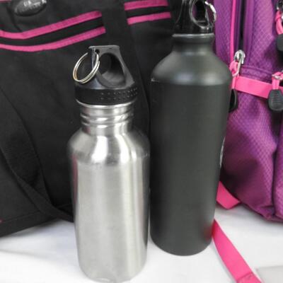 3 Pink Bags, High Sierra Backpack, 4 Water Bottles, Thermoflask