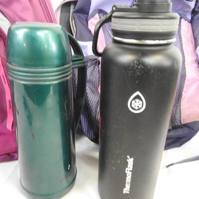 3 Pink Bags, High Sierra Backpack, 4 Water Bottles, Thermoflask