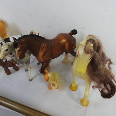 9 pc Horse Lot: Stick Horse, Toy Horses