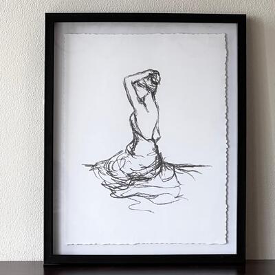 Original Black & White Drawing Of Kneeling Woman In Floating Black Frame