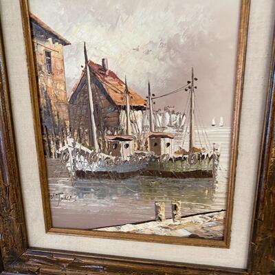 Pair of Mid Century Modern Oil Paintings of Ship Yards Signed W Jones