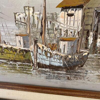 Pair of Mid Century Modern Oil Paintings of Ship Yards Signed W Jones