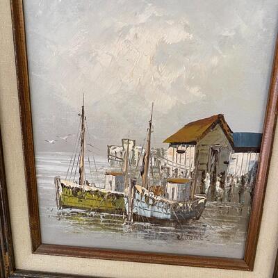 Pair of Mid Century Modern Oil Paintings of Ship Yards Signed W Jones