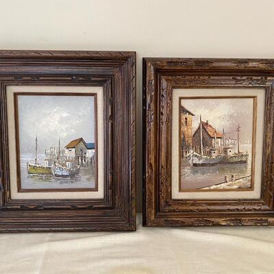 Pair of Mid Century Modern Oil Paintings of Ship Yards Signed W Jones
