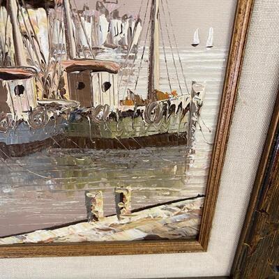 Pair of Mid Century Modern Oil Paintings of Ship Yards Signed W Jones