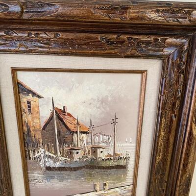 Pair of Mid Century Modern Oil Paintings of Ship Yards Signed W Jones