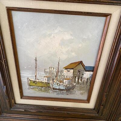Pair of Mid Century Modern Oil Paintings of Ship Yards Signed W Jones