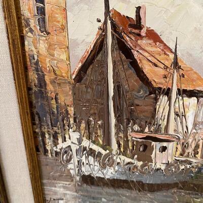 Pair of Mid Century Modern Oil Paintings of Ship Yards Signed W Jones