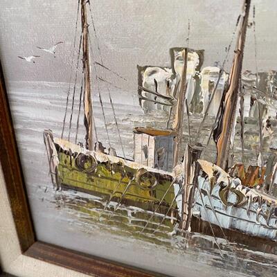 Pair of Mid Century Modern Oil Paintings of Ship Yards Signed W Jones