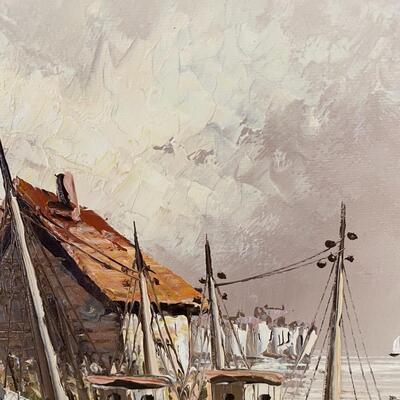 Pair of Mid Century Modern Oil Paintings of Ship Yards Signed W Jones