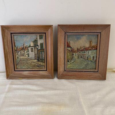Pair of Mid Century Oil Paintings of European Street Scenes Signed LEGRAND