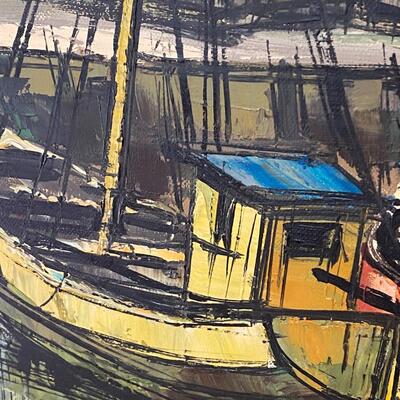 Mid Century Modern Oil on Canvas of Boat Yard Signed GERARD