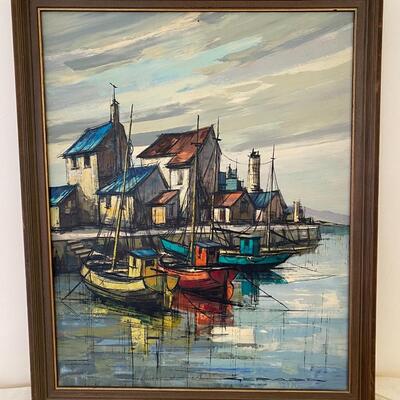 Mid Century Modern Oil on Canvas of Boat Yard Signed GERARD