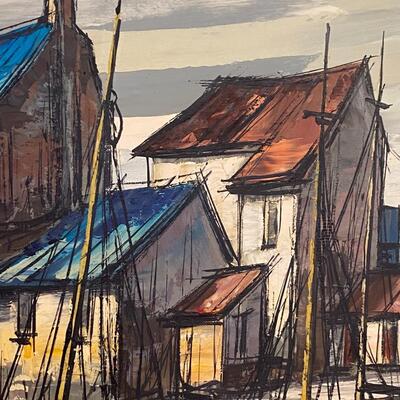 Mid Century Modern Oil on Canvas of Boat Yard Signed GERARD