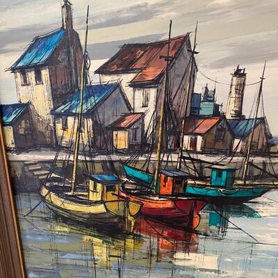 Mid Century Modern Oil on Canvas of Boat Yard Signed GERARD
