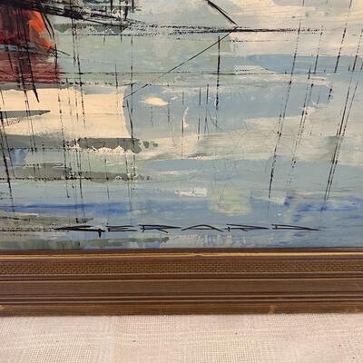 Mid Century Modern Oil on Canvas of Boat Yard Signed GERARD