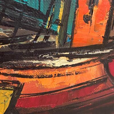 Mid Century Modern Oil on Canvas of Boat Yard Signed GERARD