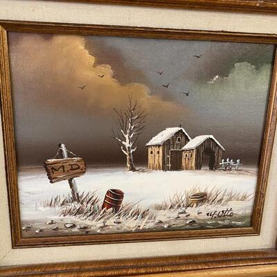 Oil on Board Painting of Barn in Snow