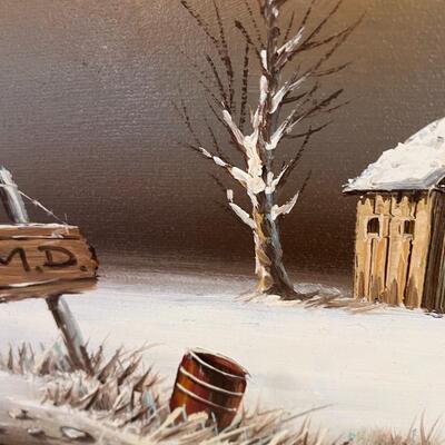 Oil on Board Painting of Barn in Snow