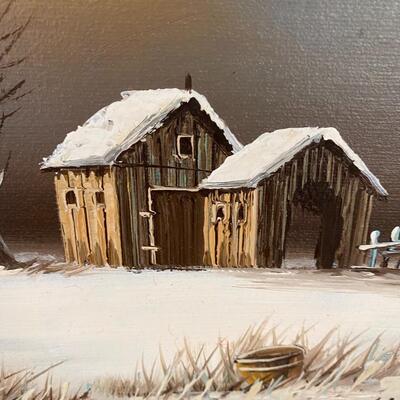 Oil on Board Painting of Barn in Snow