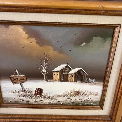 Oil on Board Painting of Barn in Snow
