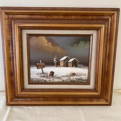 Oil on Board Painting of Barn in Snow