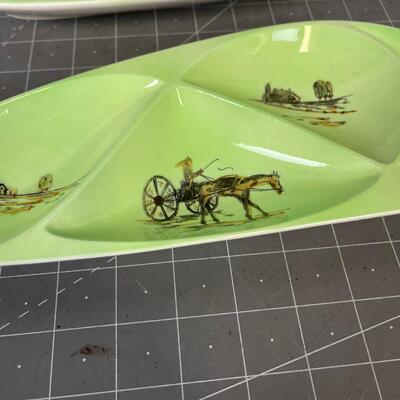 Darling Mint Colored Divider Dishes with Farm Scenes