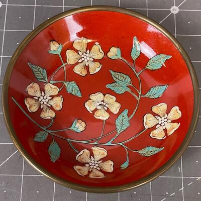 Japanese Porcelain On Brass Red Floral Dish