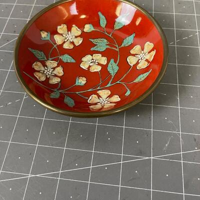 Japanese Porcelain On Brass Red Floral Dish