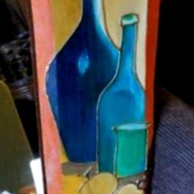 Small mid-century cubist still life painting on wooden board